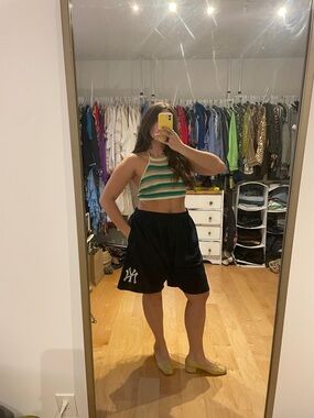 Green & Cream Cropped Knit Halter Top